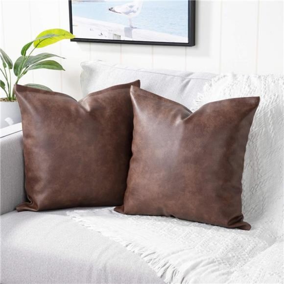 Set of 2Faux Leather Decorative Throw Pillow Covers Modern Solid Outdoor Cushion - Picture 2 of 6
